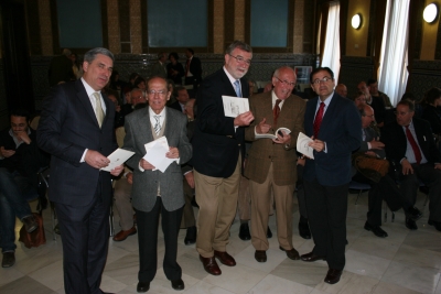 De izq a dcha, Fernando Lpez Mora,Antonio Rodero, Jose Manuel Roldn, Diego Santiago y Librado Carrasco momentos antes de la presentacin del libro.